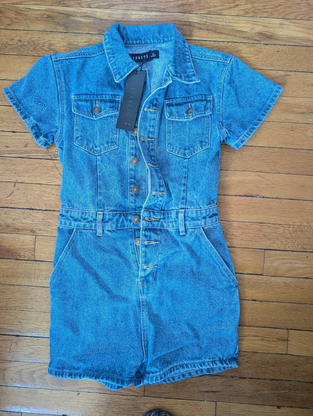 Lioness Blue Denim Short Sleeve Romper with Button Front